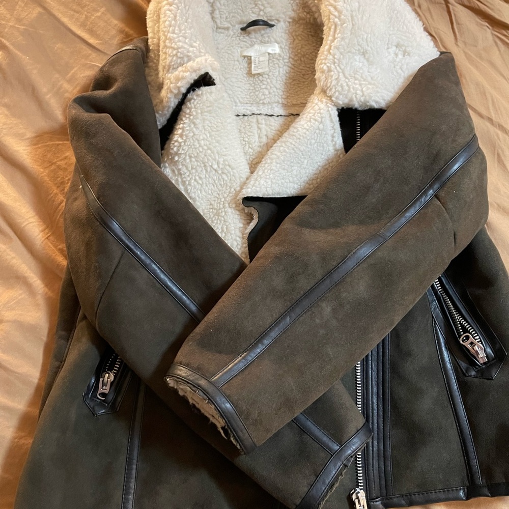 Green H&M shearling fall jacket